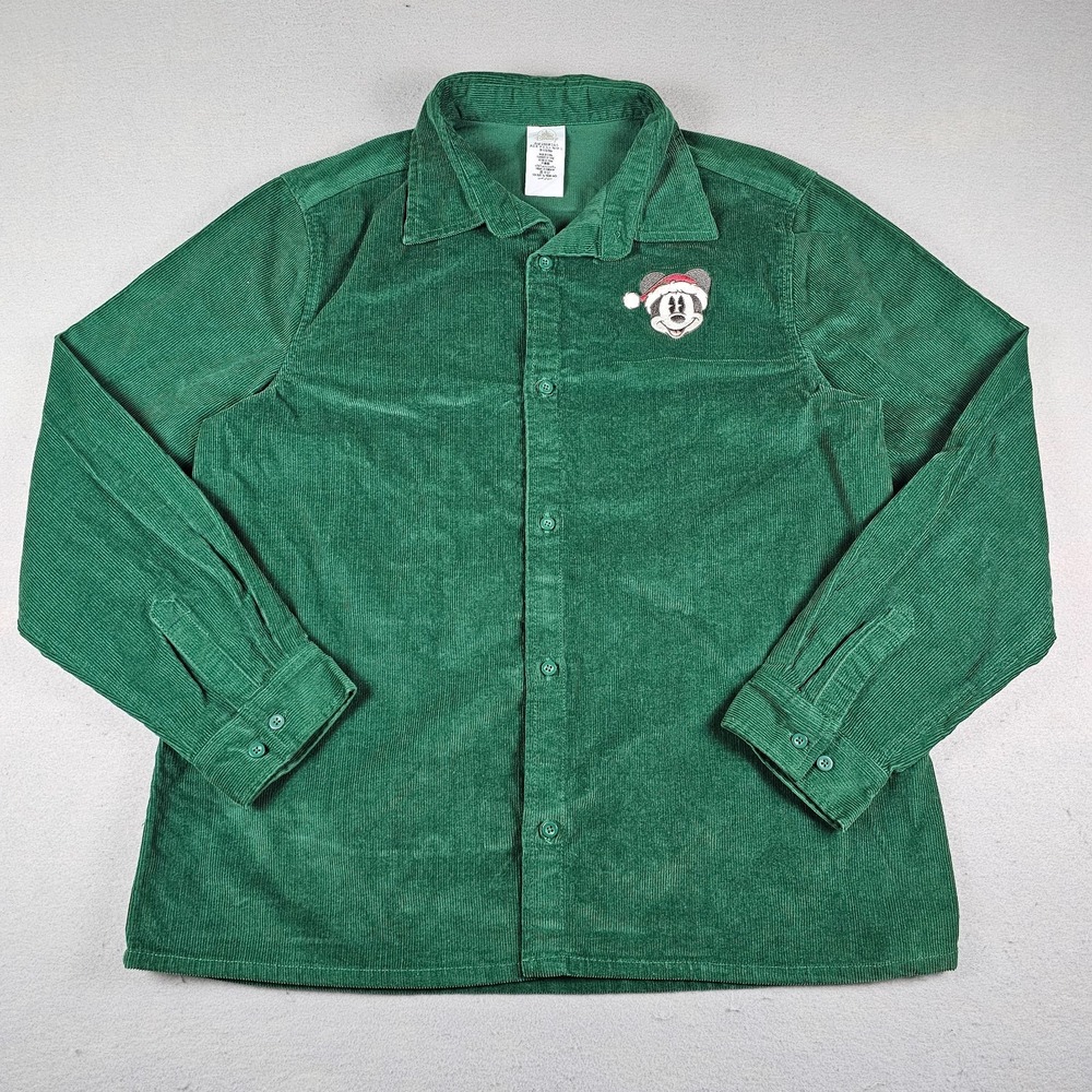Disney Mickey Mouse Corduroy Shirt Men Large Green Button Down Christmas Holiday